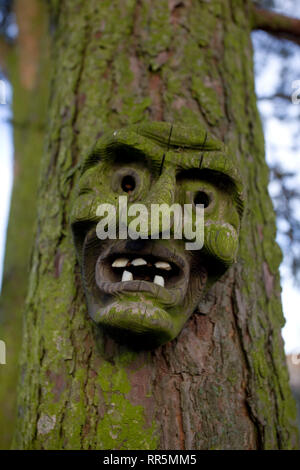 Maschera di legno inchiodati ad albero Foto Stock