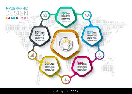 Pentagoni ed infografico etichetta con 5 passaggi. Illustrazione Vettoriale
