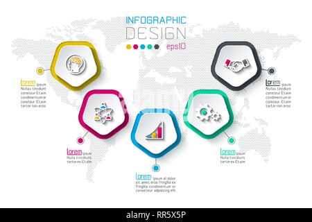 Pentagoni ed infografico etichetta con 5 passaggi. Illustrazione Vettoriale