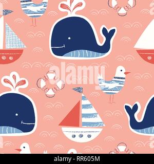 Whimsical carino, Hand-Drawn con matite colorate, balena, nave, Seagull, salvagente Vector Seamless Pattern. Sfondo nautico. Mare oceano, le creature di disegni Illustrazione Vettoriale