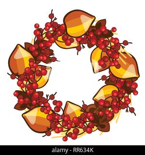 Una ghirlanda decorativa di frutta secca di physalis e bacche rosse di agrifoglio isolati su sfondo bianco. Vector cartoon close-up illustrazione. Illustrazione Vettoriale