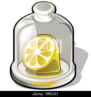 Tagliare la metà di un limone fresco al di sotto di una cupola di vetro isolato su sfondo bianco. Vector cartoon close-up illustrazione. Illustrazione Vettoriale