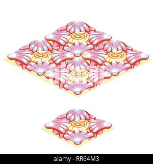 Set di piastrelle per pavimento con texture di rosa gusci tropicale sulla sabbia isolata su sfondo bianco. Vector cartoon close-up illustrazione. Illustrazione Vettoriale