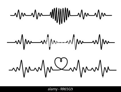 Impostare nero linee cardiogram isolati su sfondo bianco. Illustrazione Vettoriale