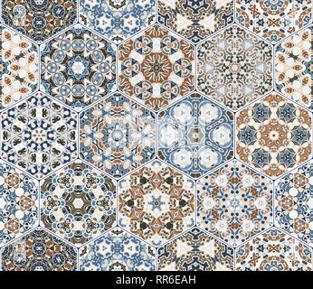 Set di vettore arabo seamless pattern. Raccolta di esagonale di piastrelle in ceramica in sfumature di blu e marrone. Decorativi ed elementi di design per i tessili, Illustrazione Vettoriale