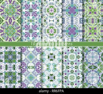 Set di dieci classic seamless patterns in sfumature di blu e verde. Decorativi ed elementi di design per i tessili, copertine di libri, fabbricazione, sfondi, Illustrazione Vettoriale