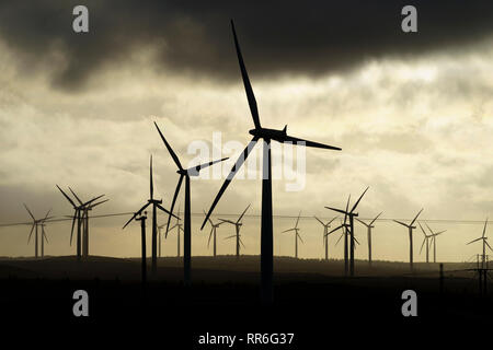 Vista di turbine eoliche al tramonto a Blacklaw Wind Farm in Scozia, Regno Unito Foto Stock