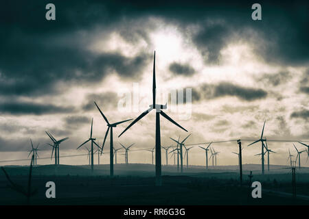 Vista di turbine eoliche al tramonto a Blacklaw Wind Farm in Scozia, Regno Unito Foto Stock