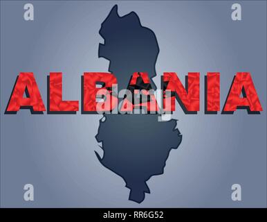 I contorni del territorio dell'Albania in sfumature di grigio e parola Albania nei colori della bandiera oficial, rosso e nero Illustrazione Vettoriale