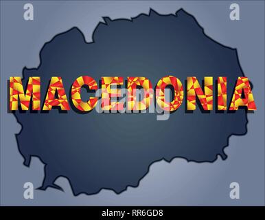 I contorni del territorio della Macedonia in sfumature di grigio e parola Macedonia nei colori della bandiera oficial, rosso e giallo Illustrazione Vettoriale