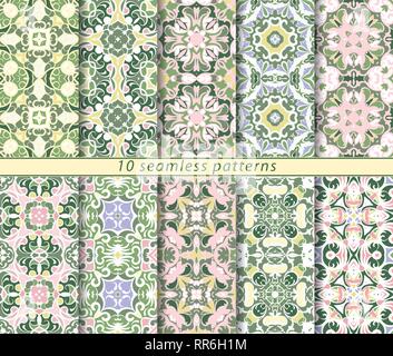 Set di vettore di dieci seamless pattern astratti in sfumature di verde e rosa. Decorativi ed elementi di design per i tessili, copertine di libri, fabbricazione, a parete Illustrazione Vettoriale