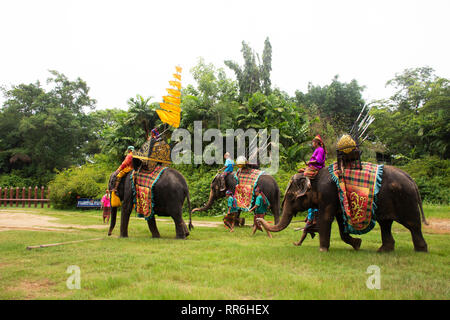 Tema di elefante mostrano per il popolo Thai e viaggiatori foriegner guardando a Samphran Elephant Terra e Crocodile Farm su luglio 17, 2018 in Nakhon virtuale, Foto Stock