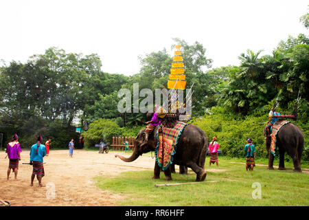 Tema di elefante mostrano per il popolo Thai e viaggiatori foriegner guardando a Samphran Elephant Terra e Crocodile Farm su luglio 17, 2018 in Nakhon virtuale, Foto Stock