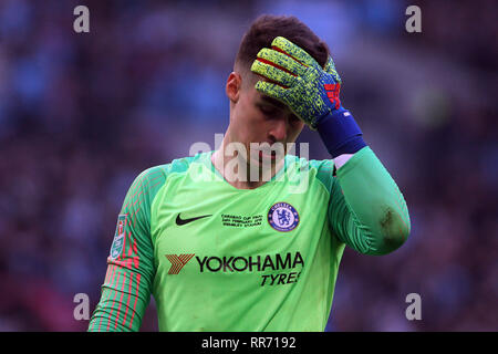 Londra, Regno Unito. 24 Febbraio, 2019. Kepa Arrizabalaga di Chelsea reagisce e guarda sconsolato. Carabao Cup match finale, Chelsea v Manchester City allo Stadio di Wembley a Londra domenica 24 febbraio 2019. Questa immagine può essere utilizzata solo per scopi editoriali. Solo uso editoriale, è richiesta una licenza per uso commerciale. Nessun uso in scommesse, giochi o un singolo giocatore/club/league pubblicazioni . pic da Steffan Bowen/Andrew Orchard fotografia sportiva/Alamy Live news Credito: Andrew Orchard fotografia sportiva/Alamy Live News Foto Stock