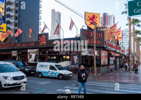 Benidorm, Costa Blanca, Spagna, il 25 febbraio 2019. Due membri del personale del Beachcomber pub in Benidorm la Città Nuova sulla piazza britannica. Due turisti britannici sono stati arrestati in relazione al presunto attacco. Visto qui è il Pub Red Lion che non è collegato all'incidente segnalato. Credito: Mick Flynn/Alamy Live News Foto Stock