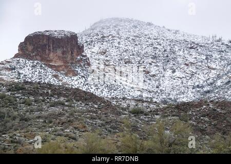 Una tempesta di neve ha colpito il deserto di Phoenix che copre il Superstition Mountains, in particolare Lost Dutchman State Park, nella neve. Foto Stock