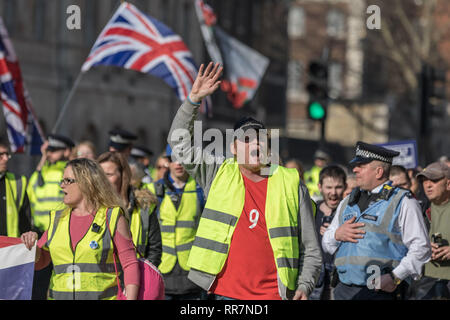 Pro-Brexit manifestanti chiedendo loro il 'giallo gilet UK " blocco del movimento strade e traffico mentre protestare marciando attraverso Westminster, Londra. Foto Stock