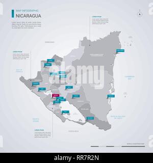 Nicaragua mappa vettoriale con elementi infografico, segni di puntatore. Modello modificabile con regioni, città e capitale Managua. Illustrazione Vettoriale