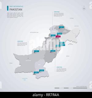 Pakistan mappa vettoriale con elementi infografico, segni di puntatore. Modello modificabile con regioni, città e capitale Islamabad. Illustrazione Vettoriale