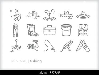Set di 15 linea di pesca le icone per attività ricreative, hobby o la pesca sportiva Illustrazione Vettoriale