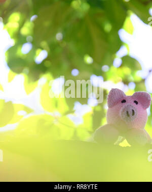 Incredibile divertente scena con fatti a mano di maiale rosa stand sotto verde albero canopy, Immagine ravvicinata di salvadanaio a maglia con sfocatura sullo sfondo di alberi di fico del giorno Foto Stock