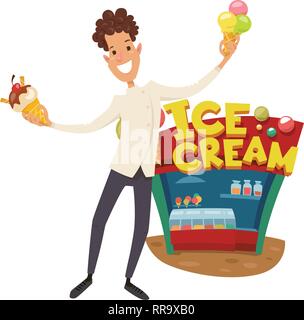 Carino maschio carattere dello chef in piedi vicino alla gelateria. Illustrazione Vettoriale