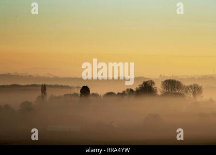 La nebbia sale sopra gli alberi vicino a Guildford nel Surrey. Forecasters hanno detto che dopo questo weekend di unseasonably tempo caldo, temperature più tardi questa settimana dovrebbe tornare normale. Foto Stock