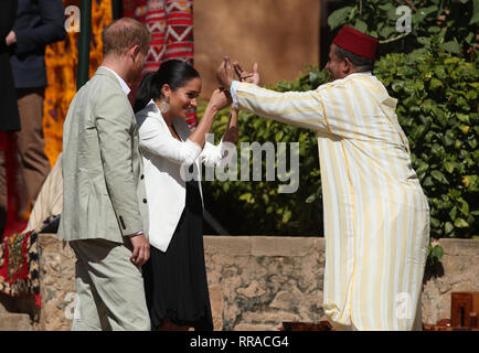 Il Duca e la Duchessa di Sussex arriva a imprenditori sociali evento e mercato a Giardini Andalusi a Rabat il terzo giorno del loro tour del Marocco. Foto Stock