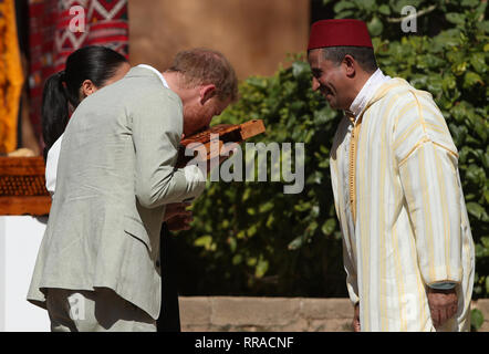 Il Duca e la Duchessa di Sussex durante una imprenditori sociali evento e mercato a Giardini Andalusi a Rabat il terzo giorno del loro tour del Marocco. Foto Stock