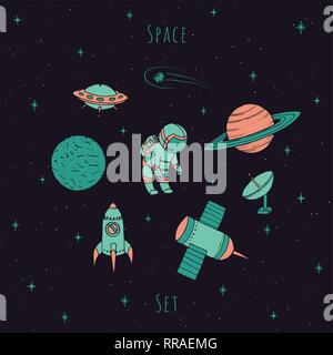 Disegnata a mano spazio vettoriale elementi: cosmonauta, satelliti, rucola, pianeti e stelle cadenti e UFO. Coloratissimo cosmo impostato sullo sfondo stellato. Illustrazione Vettoriale