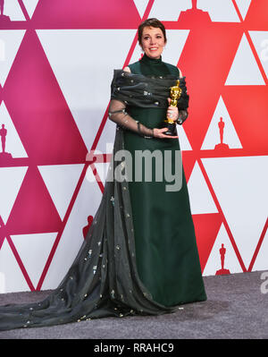 Los Angeles, Stati Uniti d'America. 24 Febbraio, 2019. Olivia Colman vincitore premio miglior attrice per il film " Il preferito, pongono al 91annuale di Academy Awards in sala stampa durante a Hollywood e Highland il 24 febbraio 2019 a Hollywood, California Credit: Tsuni/USA/Alamy Live News Foto Stock