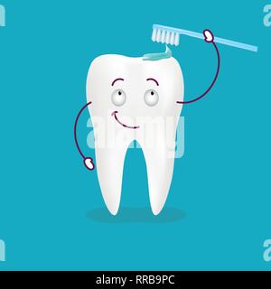 Carino Happy Cartoon dente con il suo sorriso spazzolino da denti con dentifricio su di esso isolate su uno sfondo. Illustrazione Vettoriale. Illustrazione Vettoriale