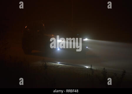 Guida auto nella fitta nebbia di notte. Foto Stock