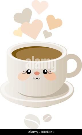 Illustrazione carino con una tazza di caffè in stile kavai. Vettore. Eps 10 Illustrazione Vettoriale