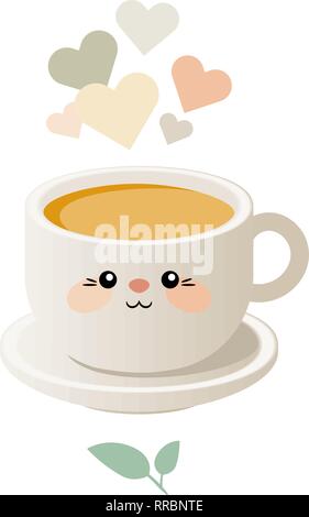 Carino kawaii illustrazione con una tazza di tè. Vettore. Eps 10 Illustrazione Vettoriale
