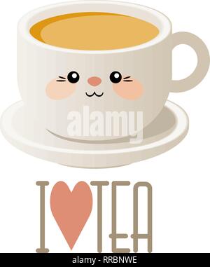 Carino kawaii illustrazione con una tazza di tè. Vettore. Eps 10 Illustrazione Vettoriale