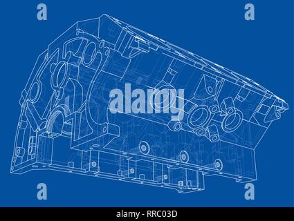 Blocco motore sketch. Vettore di rendering 3D Illustrazione Vettoriale
