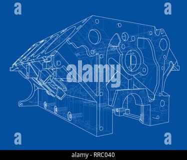 Blocco motore sketch. Vettore di rendering 3D Illustrazione Vettoriale