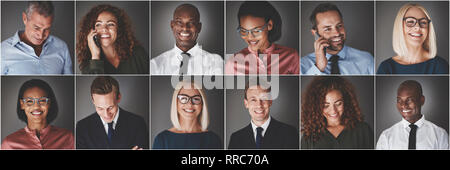 Collage di un gruppo di etnicamente diversi imprenditori e imprenditrici sorridente con fiducia o utilizzando i loro telefoni cellulari Foto Stock