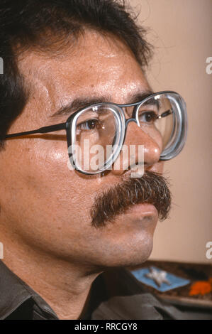 CARACAS, Venezuela - 3 febbraio 1989: Daniel Ortega, Presidente del Nicaragua, a news conferenza. Foto Stock