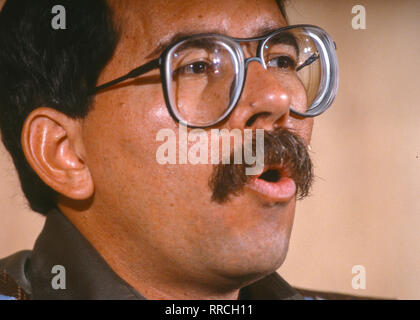 CARACAS, Venezuela - 3 febbraio 1989: Daniel Ortega, Presidente del Nicaragua, a news conferenza. Foto Stock