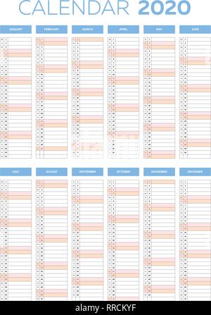 Business planner calendario template vettoriale per l'anno 2020 Illustrazione Vettoriale