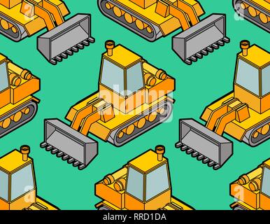 Modello di Bulldozer senza giunture. Sfondo della livellatrice. Agrimotor ornamento. Vettore di trattore texture. Tessuto per bambini Illustrazione Vettoriale