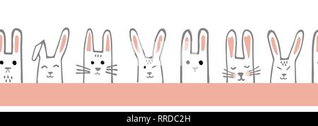 Seamless pattern orizzontale con bunny facce. I conigli di confine del vettore o nastro. Illustrazione Vettoriale
