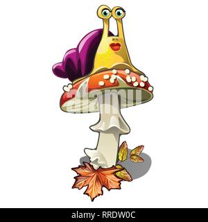 Lumaca divertenti su un fly agaric isolati su sfondo bianco. Vector cartoon close-up illustrazione. Illustrazione Vettoriale
