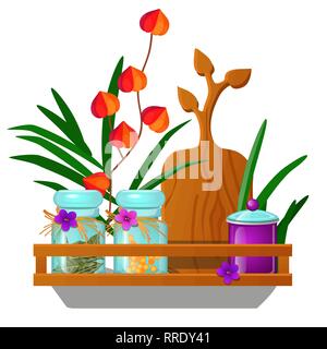 Pareti in legno montati a ripiano cucina con vasi di vetro con spezie isolati su sfondo bianco. Vector cartoon close-up illustrazione. Illustrazione Vettoriale