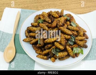 La cucina e il cibo tailandese tradizionale profondo fritto marinato vermi di noce di cocco con erbe su un piatto bianco. Uno dei più popolari street food in Thailandia. Foto Stock