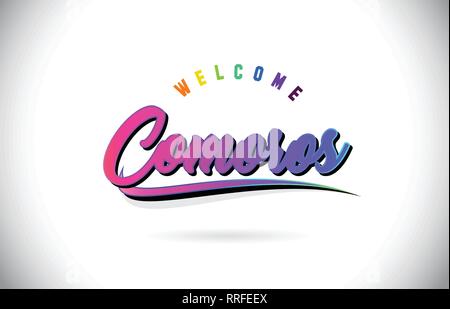 Comore Benvenuti alla parola del testo con Creative purple rosa Font manoscritta e Swoosh Design Forma illustrazione vettoriale. Illustrazione Vettoriale