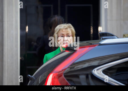 Londra, Regno Unito. 26 feb 2019.Leader della House of Commons e signore Presidente del Consiglio Rt Hon Andrea Leadsom MP arriva settimanale per la riunione di gabinetto al 10 di Downing Street a Londra. Il primo ministro, Theresa Maggio, si prevede di fornire una dichiarazione a MPs più tardi di oggi con le aspettative crescenti che essa potrà offrire un compromesso per impedire possibili dimissioni. Credito: Keith Larby/Alamy Live News Foto Stock