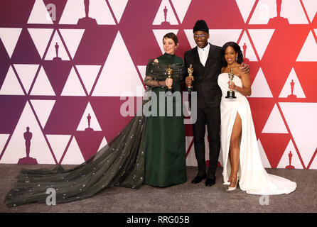 Hollywood, CA, Stati Uniti d'America. 24 Febbraio, 2019. 24 Febbraio 2019 - Hollywood, California - Olivia Colman, Mahershala Ali, Regina Re. Il 91annuale di Academy Awards Sala stampa tenutasi a Hollywood e Highland. Photo credit: Faye Sadou/AdMedia Credito: Faye Sadou/AdMedia/ZUMA filo/Alamy Live News Foto Stock